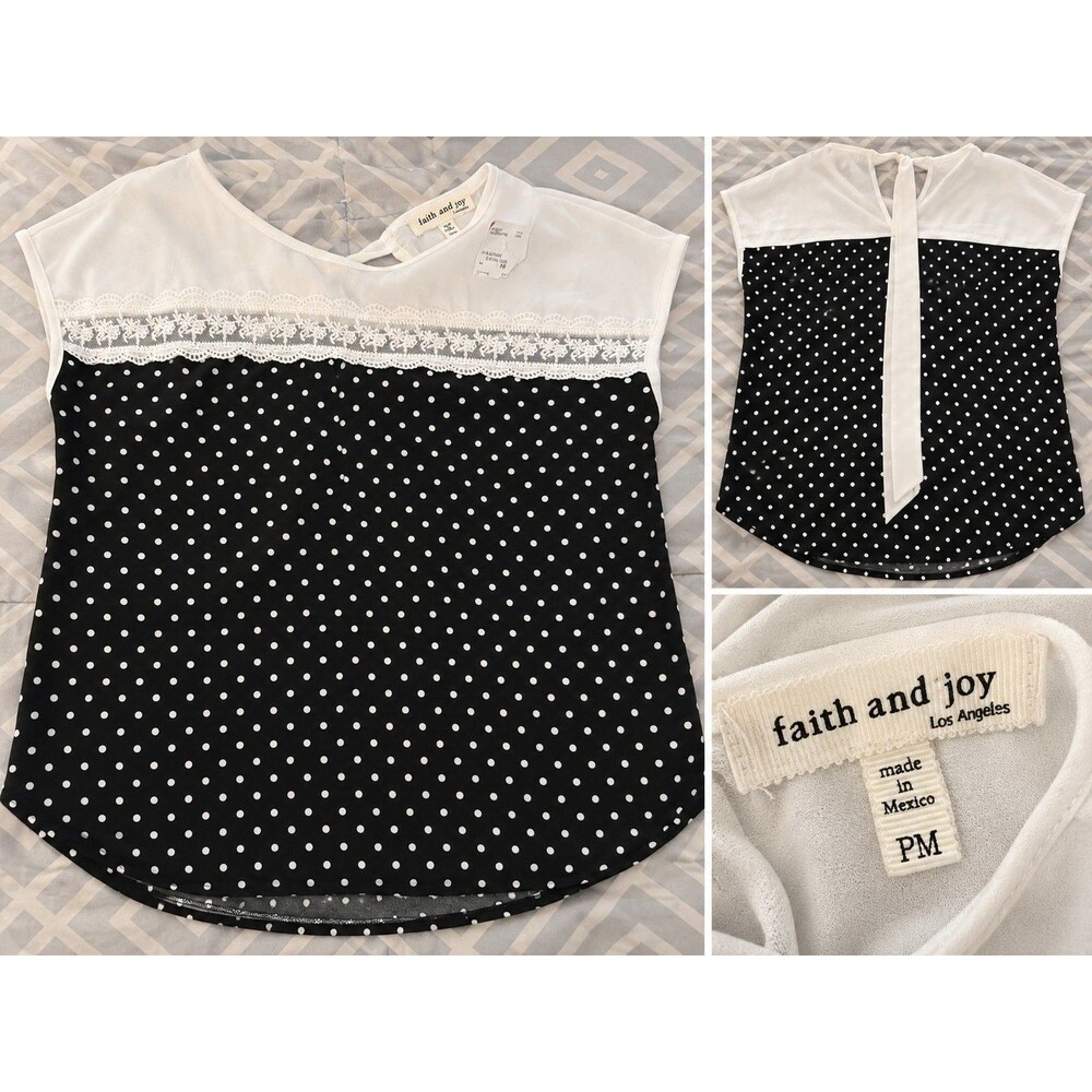 Faith and Joy Black White Polka Dot Sheer Lace Blouse PM NWT